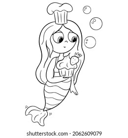 Cute little Cook mermaid, Coloring book page for kids. Collection of design element, outline, kawaii anime chibi style, a beautiful young mermaid.