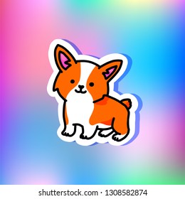 Cute little corgi dog. Cool trendy sticker on holographic background.
