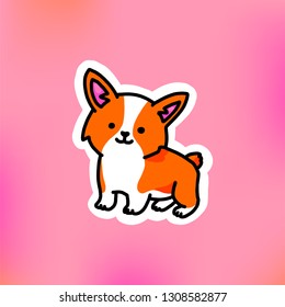 Cute little corgi dog. Cool trendy sticker on pink background.