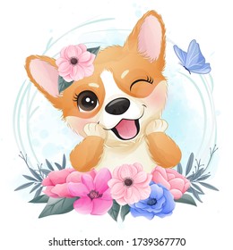 Cute little corgi with floral portrait