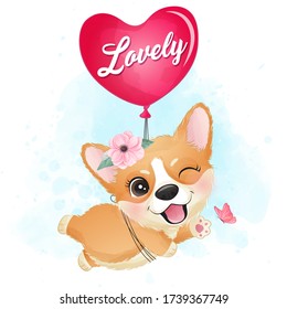 Cute little corgi flying with a balloon