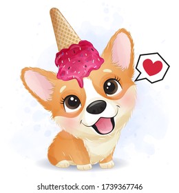 Cute little corgi with ice cream