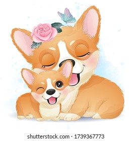 Cute little corgi mother and baby