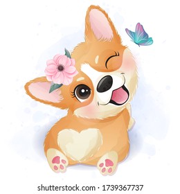 Cute little corgi play with butterfly