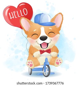 Cute little corgi riding a bicycle