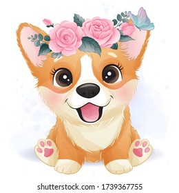 Cute little corgi with roses portrait