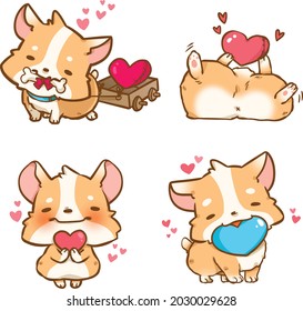 Cute little Corgi, Shiba inu dogs in love, various poses. Hand drawn colored vector set. Cartoon icon for communicate and express your feeling, valentine, holding heart, spreading love 