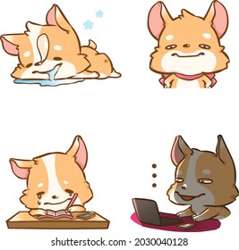 Cute little Corgi, Shiba inu dogs in various poses. Hand drawn colored vector set. Cartoon icon for communicate and express your feeling. Don't want to work, lazy, Sleepy, shock, WFH
