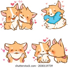 Cute little Corgi, Shiba inu dogs in love with various poses. Hand drawn colored vector set. Cartoon icon for communicate and express your feeling, spreading love, valentine, hug, holding heart, kiss 