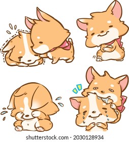 Cute little Corgi, Shiba inu dogs in love with various poses. Hand drawn colored vector set. Cartoon for communicate and express your feeling, angry, cry, sad, bite, fight, console, lover argument 