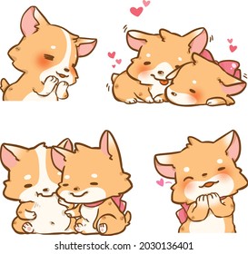 Cute little Corgi, Shiba inu dogs in love with various poses. Hand drawn colored vector set. Cartoon icon for communicate and express your feeling, shy, loving, cuddle, embrace