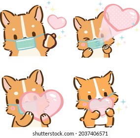 Cute little Corgi, Shiba inu dogs with face mask due to Covid-19 in various poses. Hand drawn colored vector set. Cartoon icon for communicate and express your feeling 