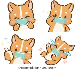 Cute little Corgi, Shiba inu dogs with face mask due to Covid-19 in various poses. Hand drawn colored vector set. Cartoon icon for communicate and express your feeling 