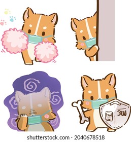
Cute little Corgi, Shiba inu dogs with face mask due to Covid-19 in various poses. Hand drawn colored vector set. Cartoon icon for communicate and express your feeling, cheer up, hide and seek
