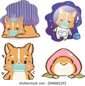 
Cute little Corgi, Shiba inu dogs with face mask due to Covid-19 in various poses. Hand drawn colored vector set. Cartoon icon for communicate and express your feeling 
