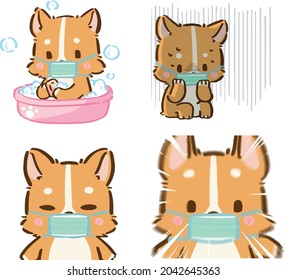 Cute little Corgi, Shiba inu dogs with face mask due to Covid-19 in various poses. Hand drawn colored vector set. Cartoon icon for communicate and express your feeling 