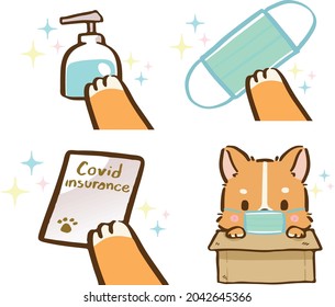 Cute little Corgi, Shiba inu dogs with face mask due to Covid-19 in various poses. Hand drawn colored vector set. Cartoon icon for communicate and express your feeling 