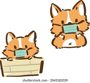 
Cute little Corgi, Shiba inu dogs with face mask due to Covid-19 in various poses. Hand drawn colored vector set.
