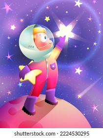 Cute little cosmonaut boy holding up a star standing on a planet in outer space with stars in sky. Adorable astronaut character for kids outer space storytelling cartoon. Vector illustration.