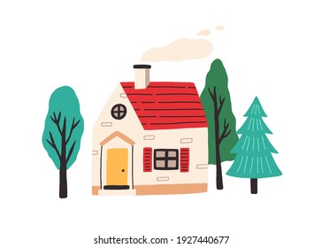 Cute little country house with door, windows and attic. Exterior of home with chimney and smoke. Village cottage among trees. Colored flat vector illustration isolated on white background