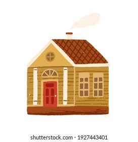 Cute little country house with door, windows and attic. Hand-drawn home with chimney and smoke. Village cottage exterior. Childish flat textured vector illustration isolated on white background