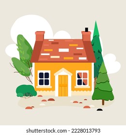Cute little country house with door and windows. Exterior of Flat vector illustration isolated on beige background