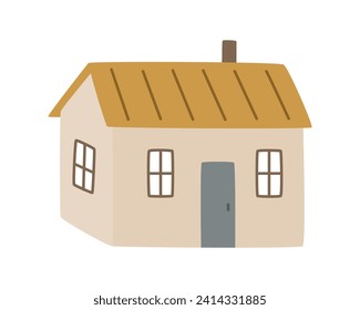Cute little country house with door and windows. Exterior of home with chimney