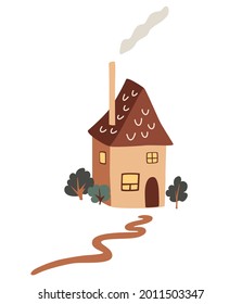 Cute little country house. Village cottage among trees. Exterior of home with chimney and smoke. Colorful cozy building. Childish flat vector illustration isolated on white background.
