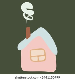 Cute little country house with window and roof. Facade of home with chimney and smoke. Cottage exterior. Flat Vector illustration isolated. Childish drawing style, Simple Graphic Art, Design Object.
