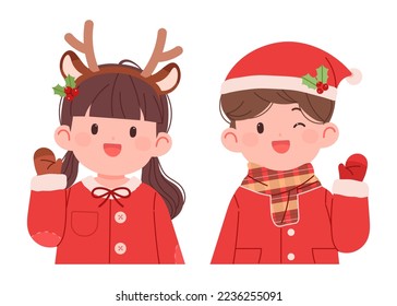 Cute little couple in Christmas costumes. Illustration of Christmas concept kids figures dressed as Santa and Rudolph.