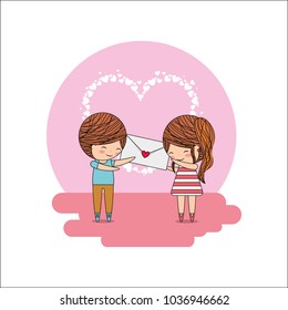 cute little couple with envelope message in hands heart decoration