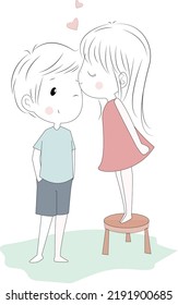 Cute little couple. Hugging, kissing, caring. Happy cute moments of love. sketch vector art illustration