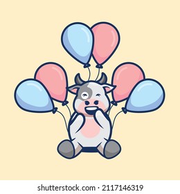 Cute little cow birthday party cartoon flat minimalism vector illustration