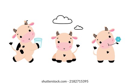 Cute Little Cow Calf with Hoof Drinking Milk in Glass and Chewing Grass Vector Set