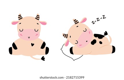 Cute Little Cow Calf with Hoof Sitting and Snoring Sleeping on Pillow Vector Set