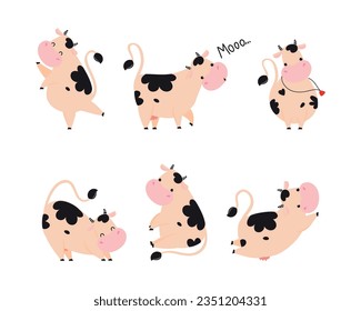 Cute Little Cow Calf with Hoof and Spotted Coat Vector Set