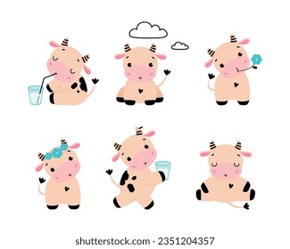 Cute Little Cow Calf with Hoof and Spotted Coat Vector Set