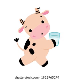 Cute Little Cow Carrying Glass of Milk, Adorable Funny Farm Animal Cartoon Character Vector Illustration