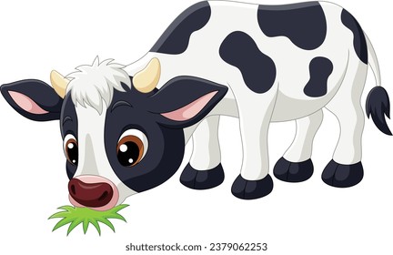 Cute little cow cartoon eating grass