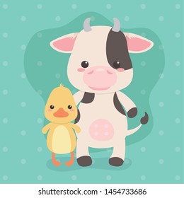 cute and little cow and duck characters