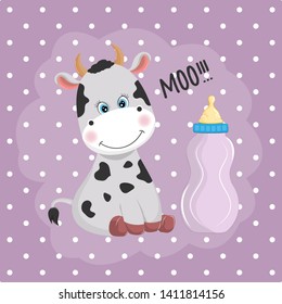 Cute little cow and feeding bottle  isolated on a purple background. Graphic element for print design, greeting card, poster and t-shirt.