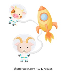 Cute little cow and goat astronauts flying in and open space. Graphic element for childrens book, album, scrapbook, postcard, invitation. Flat vector stock illustration isolated on white background.