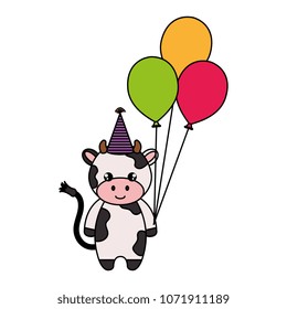 cute and little cow with hat and balloons air