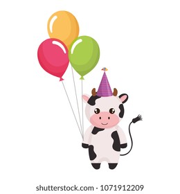 cute and little cow with hat and balloons air