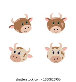 Cute and little cow head. 4 different cow head. White background. Vector illustration.