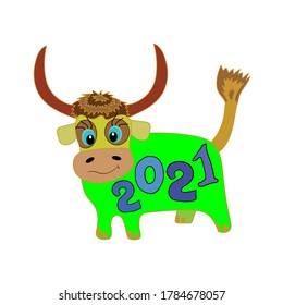 Cute Little cow holding Chinese. Happy Chinese new year 2021 greeting card. Tracery in white, green and brown colors. Vector illustration. The year of the ox zodiac Cartoon isolated.