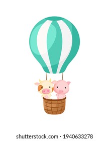 Cute little cow, pig fly on green hot air balloon. Cartoon character for childrens book, album, baby shower, greeting card, party invitation, house interior. Vector stock illustration.