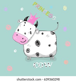 Cute little cow Princess crown cartoon hand drawn vector illustration. Can be used for t-shirts print, fashion print design, children's clothes, shower greeting holiday invitation.