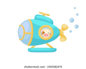 Cute little cow sail on turquoise submarine. Cartoon character for childrens book, album, baby shower, greeting card, party invitation, house interior. Vector stock illustration.
