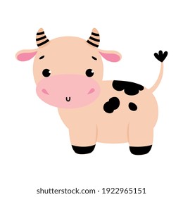 Cute Little Cow, Side View of Adorable Funny Farm Animal Cartoon Character Vector Illustration